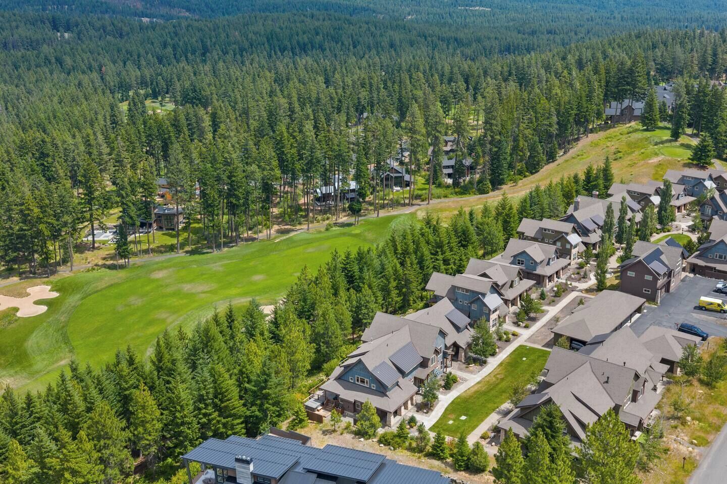 A residential area with houses, a golf course, and dense forest.