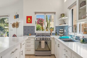 Cocina moderna con estufa a gas, horno y ventana con vistas a cactus y flores.