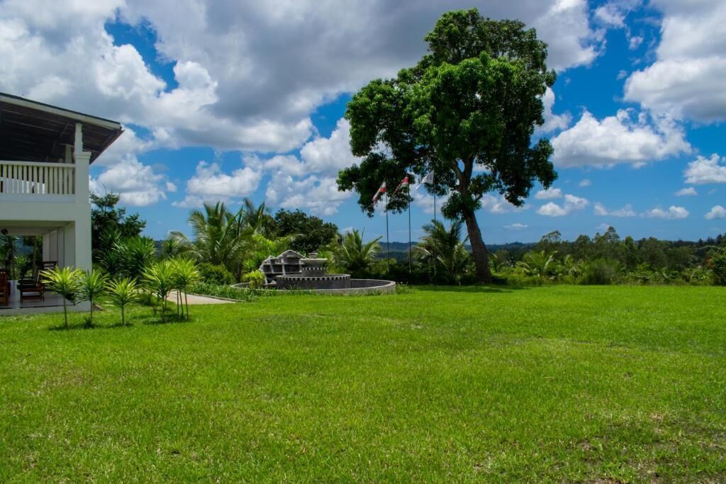 Una casa con un césped amplio, un árbol y cielo despejado.