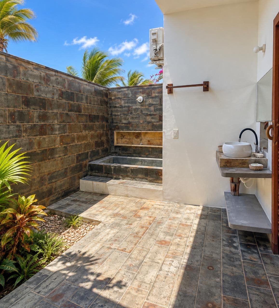 Un baño moderno con pared de piedra, un lavamanos y un escalón pequeño que conduce a la zona de ducha.