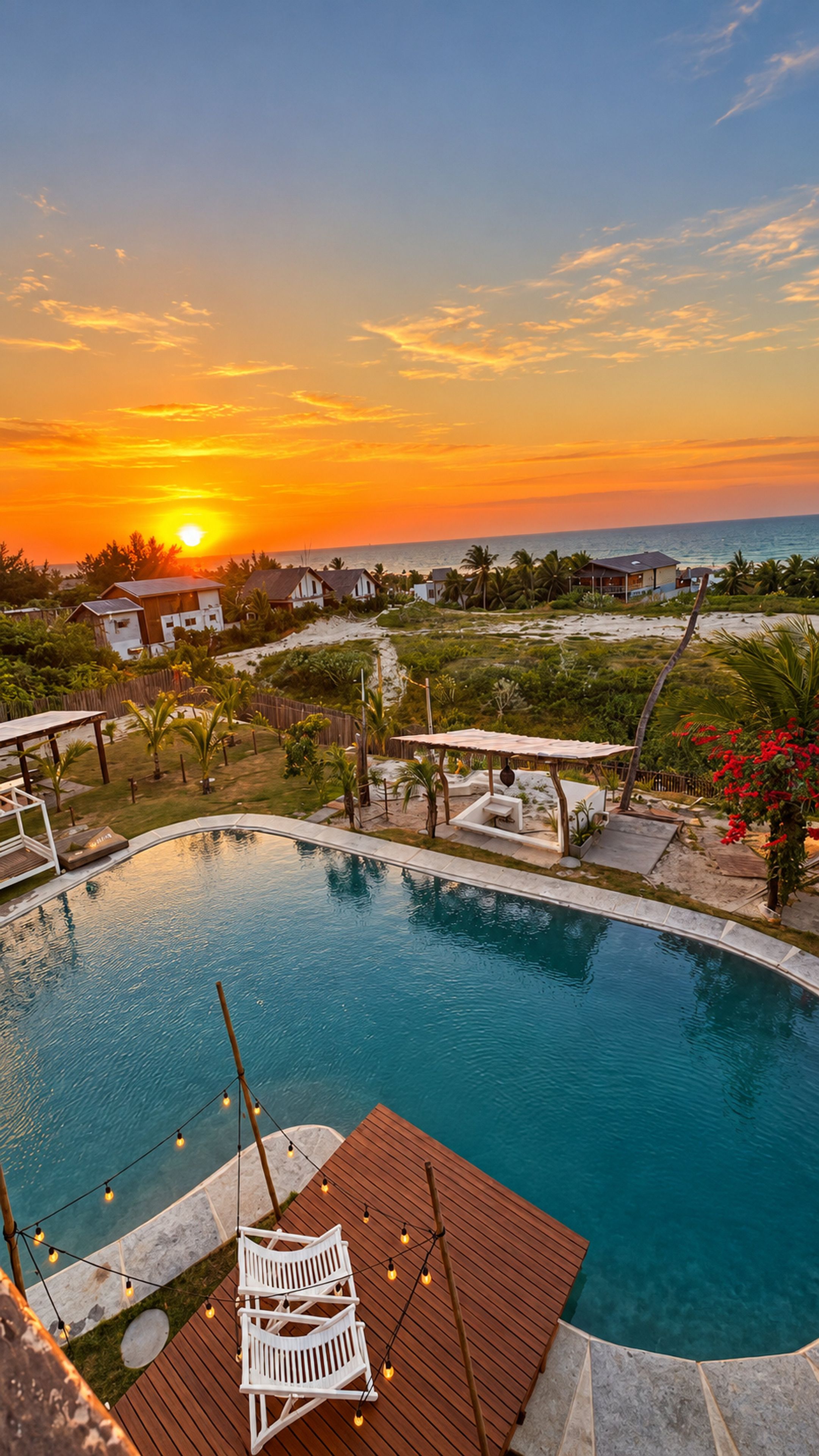 Una piscina con muelle de madera y sillas de descanso, rodeada de vegetación y vistas al atardecer.