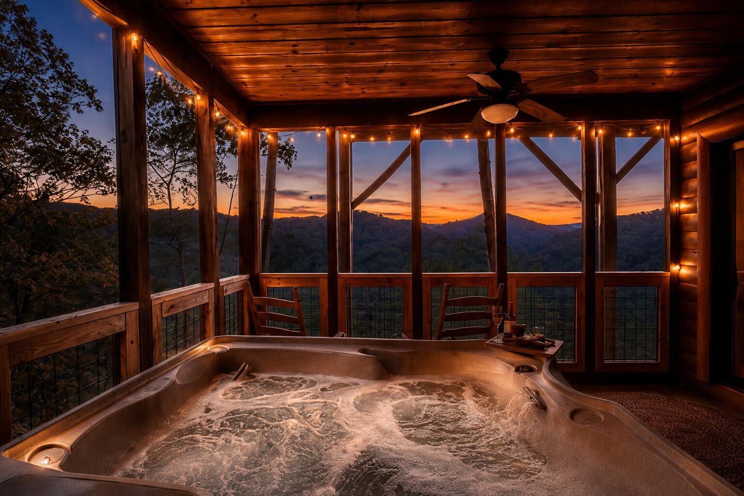 A hot tub with a wooden deck and a view of the mountains.