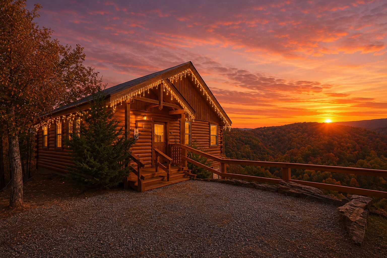 Eine Holzhütte mit Veranda, umgeben von Bäumen, mit Blick auf den Sonnenuntergang über einer bewaldeten Hügelkuppe.