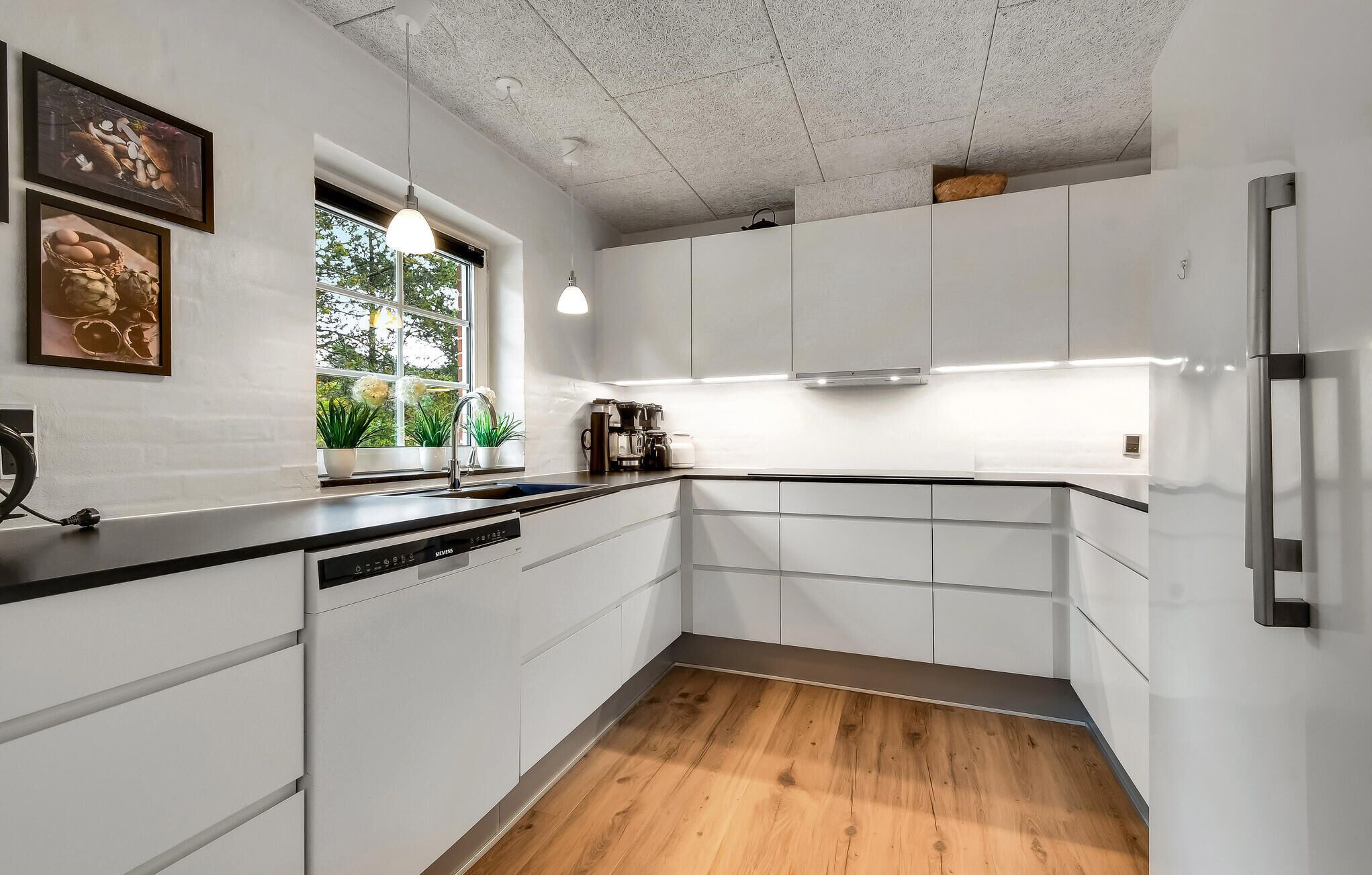 A modern kitchen with white cabinetry, a wooden floor, and a window with plants.