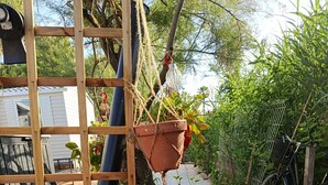 Ein Garten mit Holzlattenrohr, einer hängenden Pflanzampel, einem Fahrrad und einem grünen Topf mit Schmetterlingsdekor.