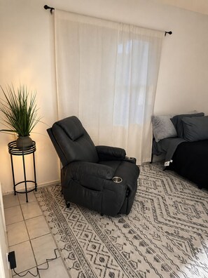 Ein Wohnzimmer mit einem schwarzen Liegesessel, einem gemusterten Teppich, einem Beistelltisch mit einer Pflanze und einem Sofa mit Kissen.