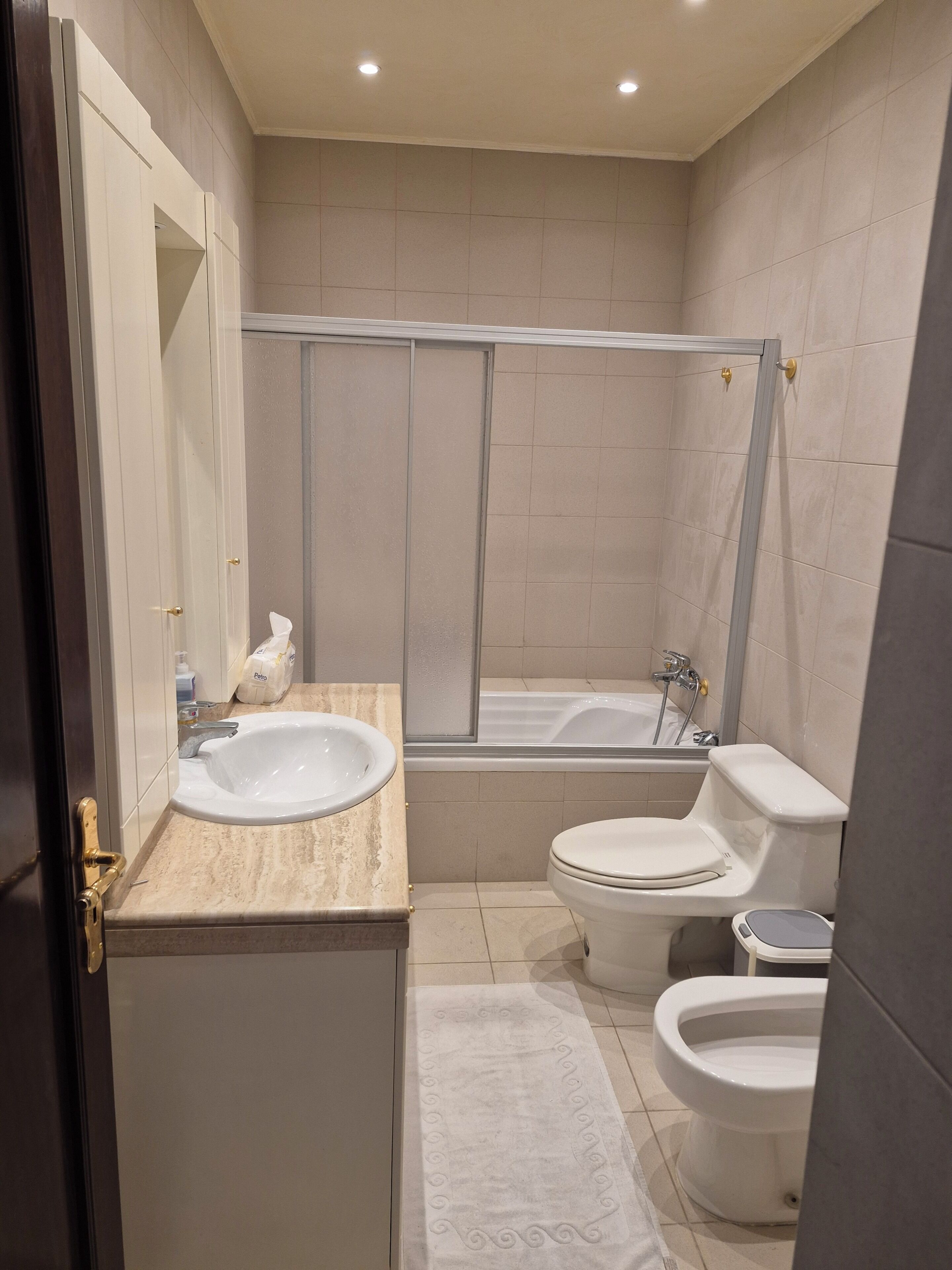 Towels, soap, shampoo, toilet paper