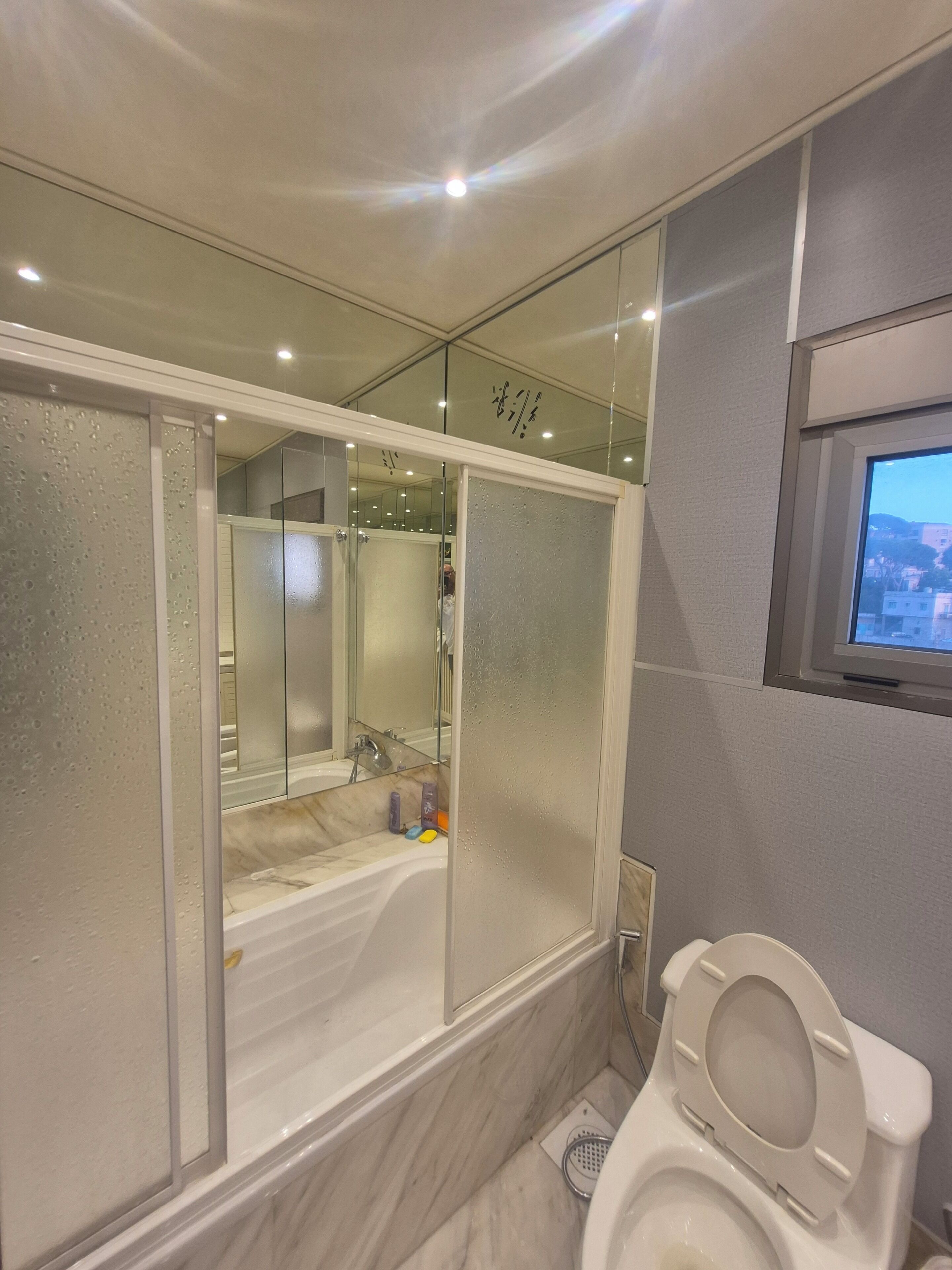 Une salle de bain moderne avec une douche à parois de verre, des toilettes et un miroir.