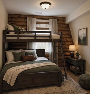 A bunk bed room with a wooden wall, a bedside table with a lamp, and a framed picture on the wall.
