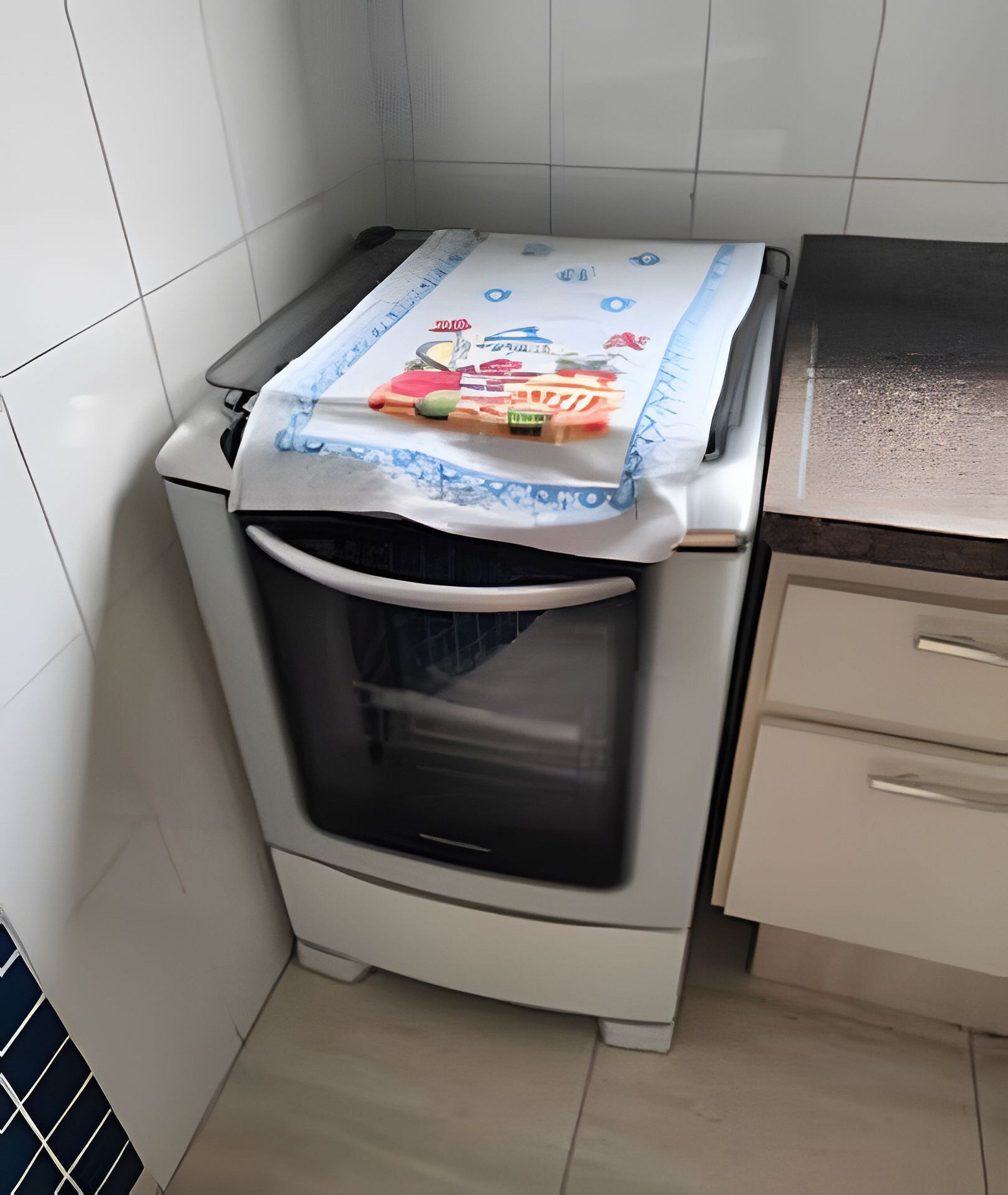 Una cocina compacta con horno integrado, una encimera y un mueble pequeño.