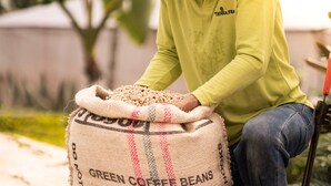 Eine Person hält einen Jutbeutel, der mit 'GREEN COFFEE BEANS' und einem Datum sowie einem Ursprungscode beschriftet ist.