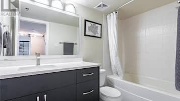 Hair dryer, towels, soap, shampoo