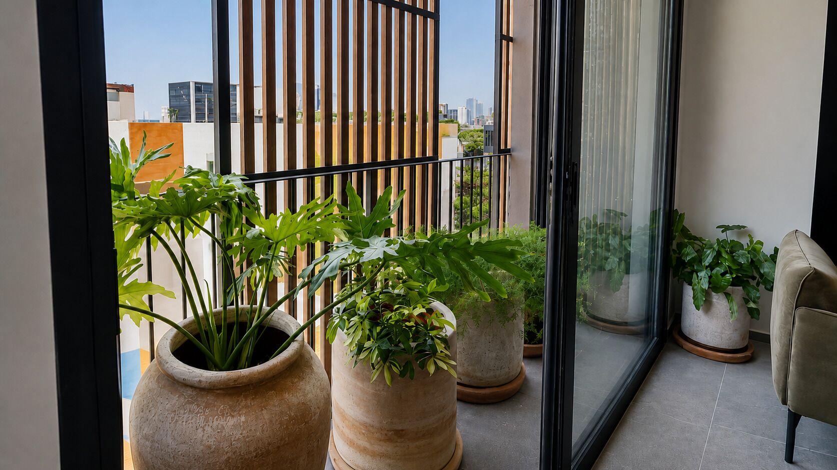 A balcony with potted plants, a sliding glass door, and a view of the cityscape.