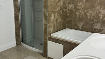 Hair dryer, towels, soap, toilet paper