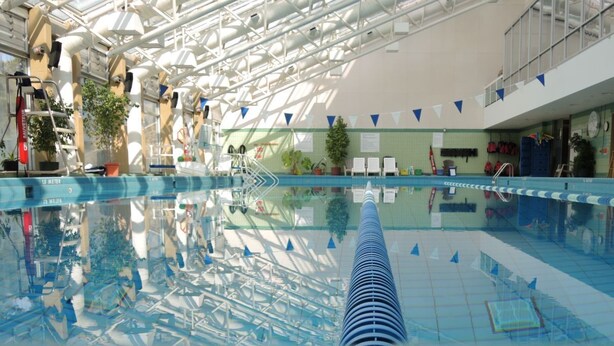 En inomhuspool med klart vatten, omgiven av ett högt tak med bärande balkar, och utsikt över den intilliggande byggnaden med en grön vägg och krukväxter.