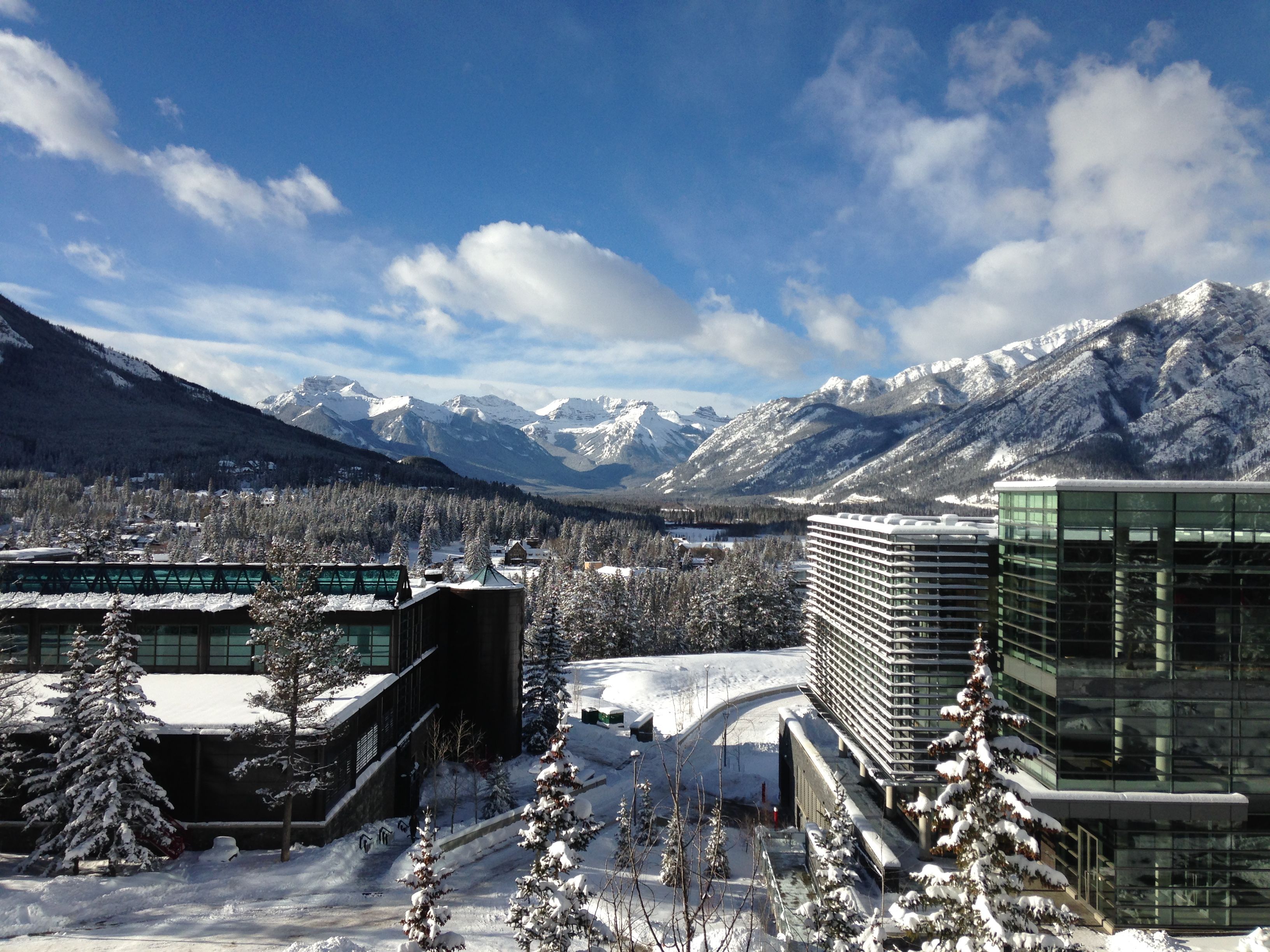 A modern building with a glass facade, surrounded by snow-covered trees and mountains in the background.