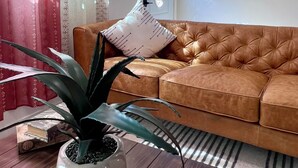 A living room with a brown leather sofa, a potted plant, a striped rug, and a door with a stained glass window. - Boho luxury 2 master suites, huge yard (Alhambra)