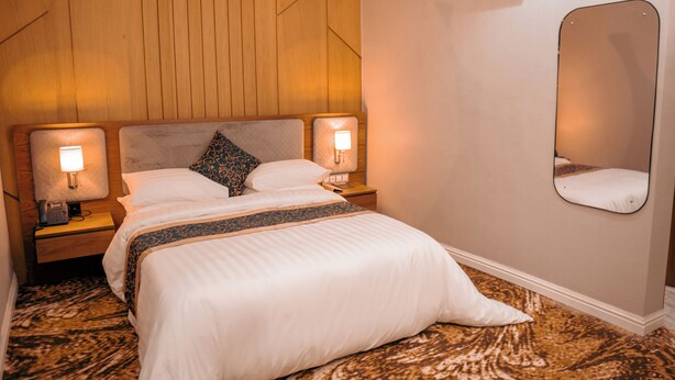 A hotel room with a wooden headboard, a large mirror, a patterned carpet, and a bedside table with a lamp.