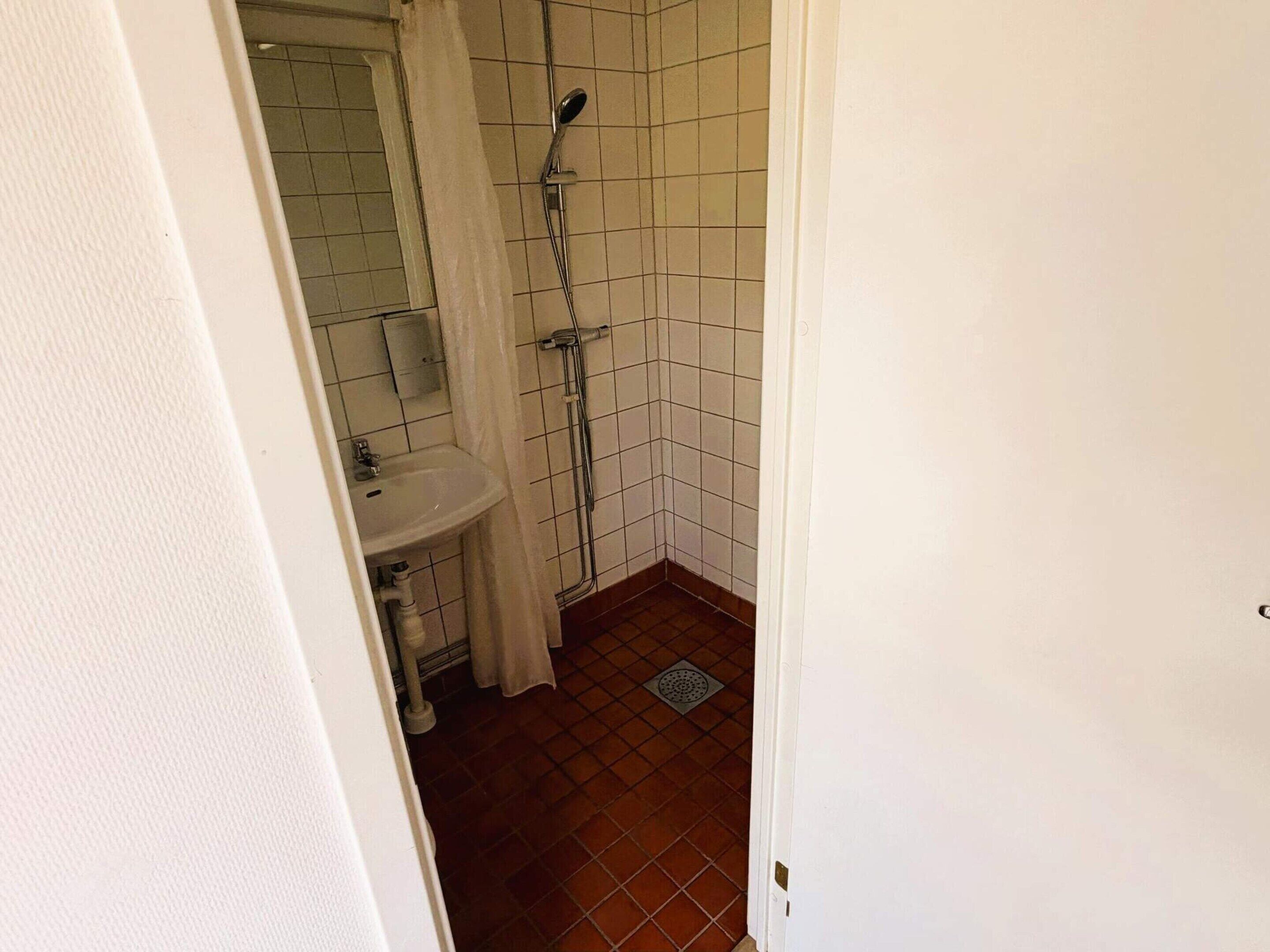 A bathroom with a shower, a sink, and a toilet.