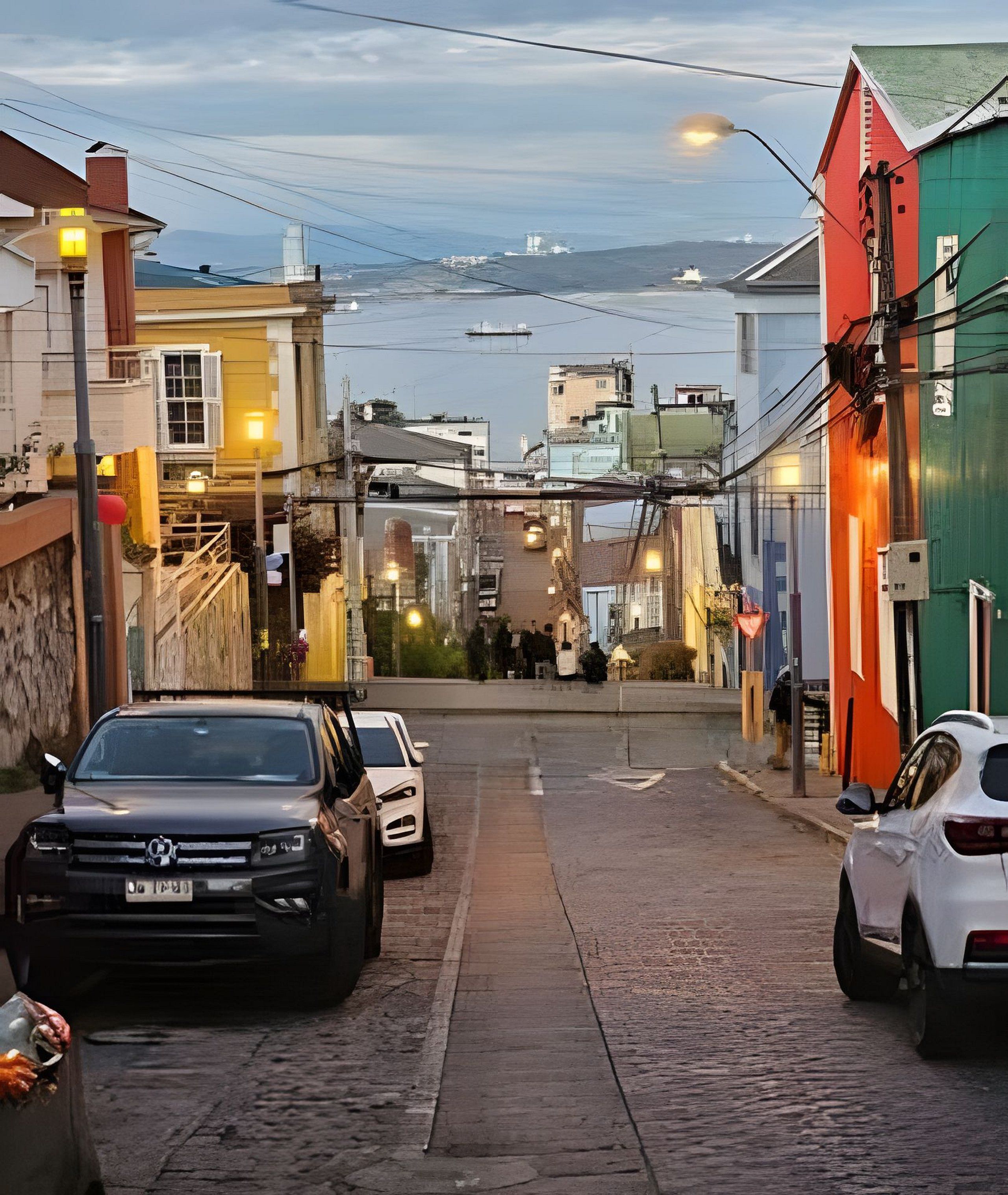 A narrow street with parked cars, buildings with balconies, and a view of the sea in the background.