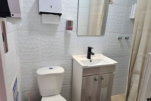 A bathroom with a toilet, sink, cabinet, mirror, and towel dispenser. - Turquía Casa Fran Valparaíso (Valparaíso)