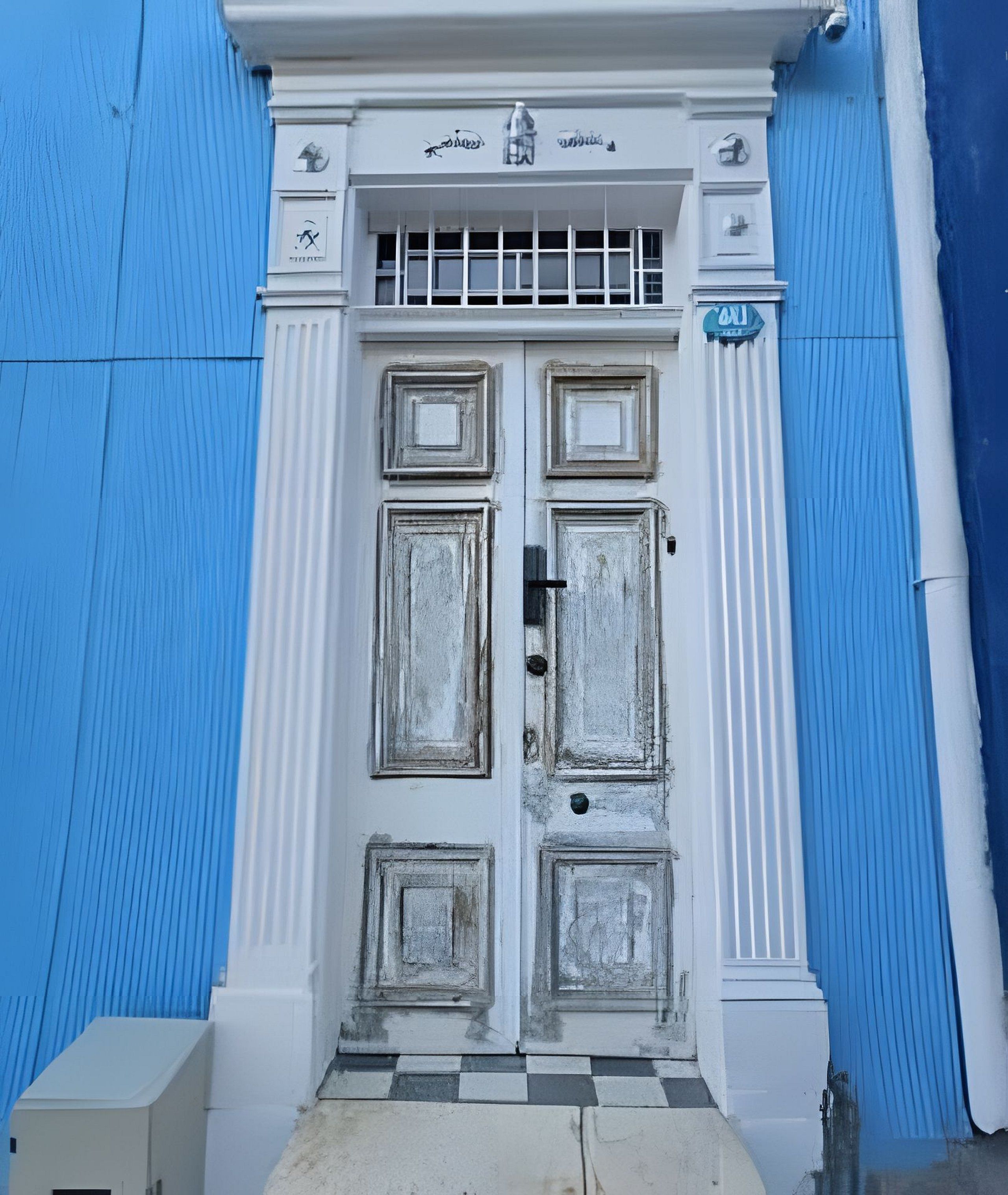 Una puerta blanca con un pequeño ventanal, flanqueada por paredes azules.
