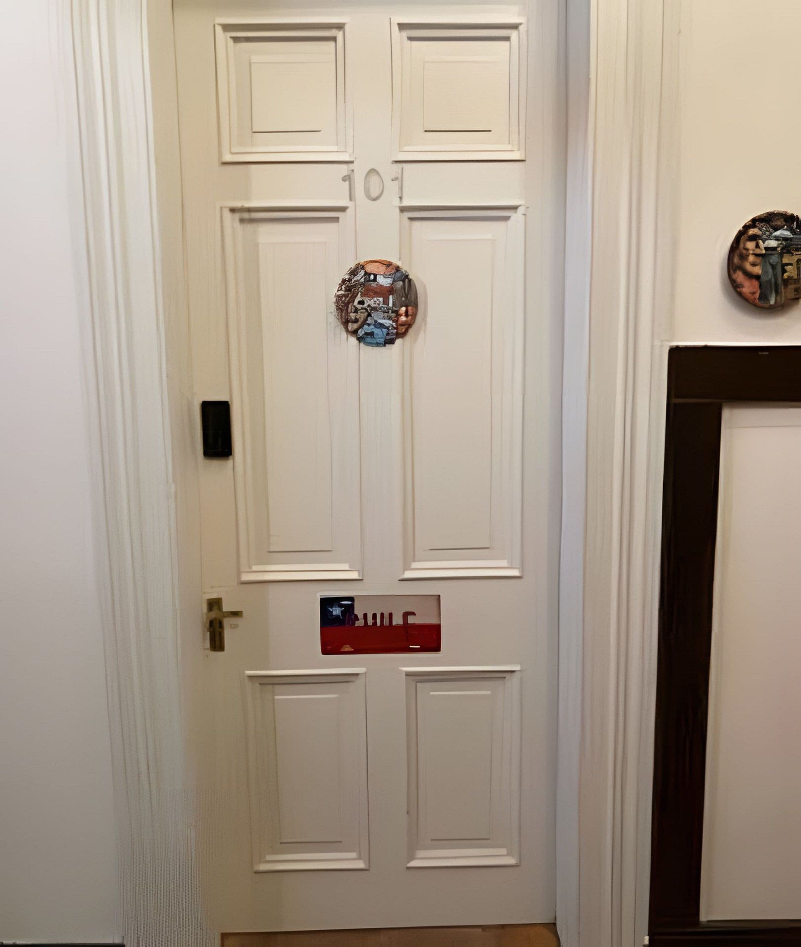 Une porte double blanche, avec une petite enseigne rouge placée en dessous, un élément décoratif circulaire au-dessus de l’enseigne, et une petite fenêtre rectangulaire sur la porte.