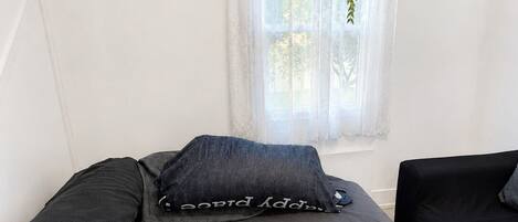 A bedroom with a bed, a hanging plant, and a window with sheer curtains.