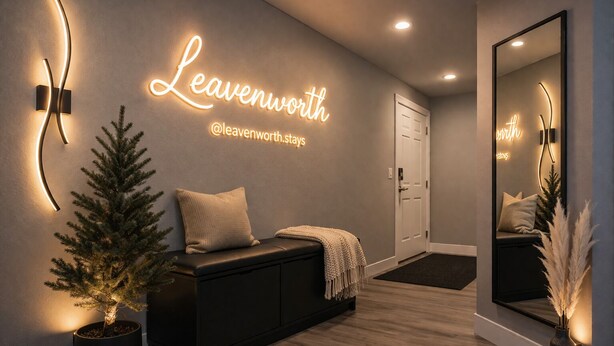 Una moderna hall d'hotel con un cartello al neon che riporta 'Leavenworth @leavenworth.stays', una panca con cuscini, un albero in vaso e un grande specchio.