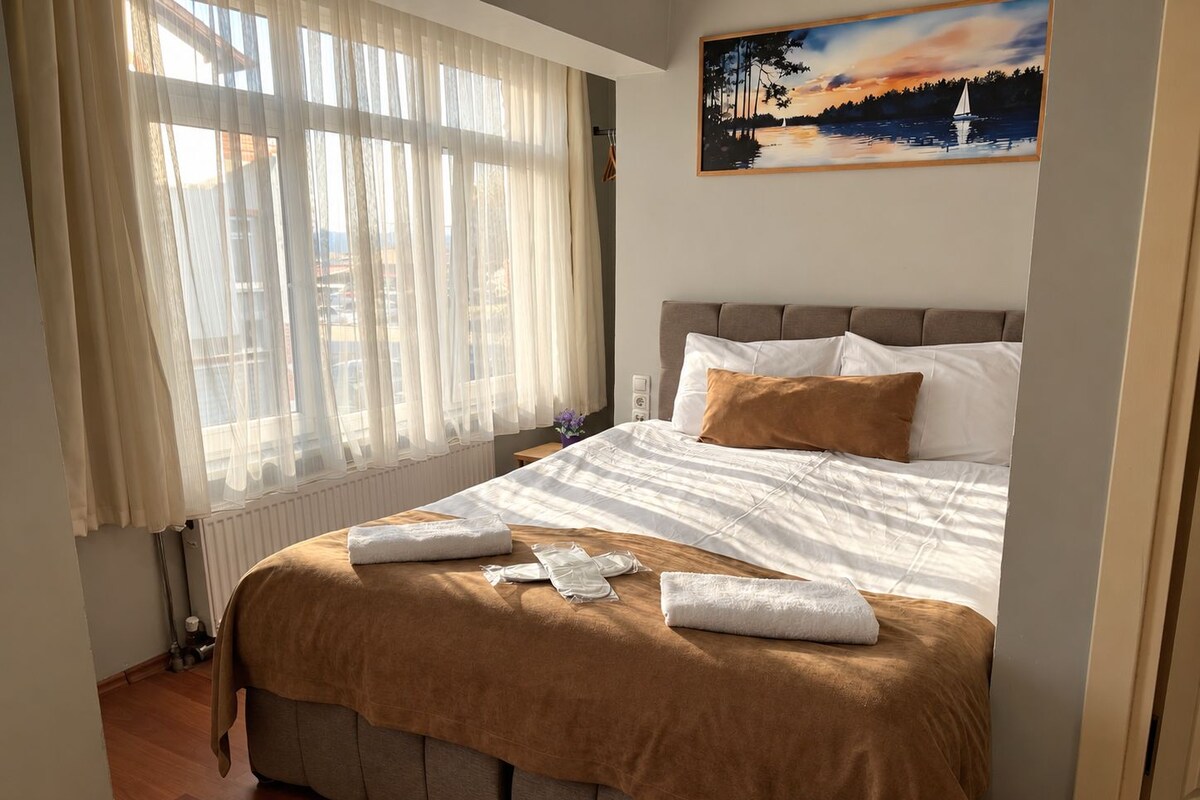 Habitació d'hotel amb un llit gran, una finestra amb cortines translúcides, un quadre a la paret i vista a l'exterior.