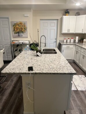 A kitchen with a granite countertop, a stainless steel sink, white cabinets, and a door with a flower decoration. - Relaxing Port LaBelle Retreat / Spacious Home Near Nature & Golf (Port LaBelle)