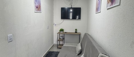Pieni, kapea huone, jossa on harmaa sohva, musta, pörröinen matto, seinälle asennettu televisio ja kaksi kukka-aiheista taulua.