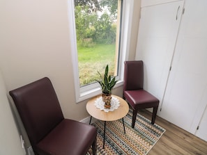 A room with a window, a small round table with a plant, two chairs, and a patterned rug.