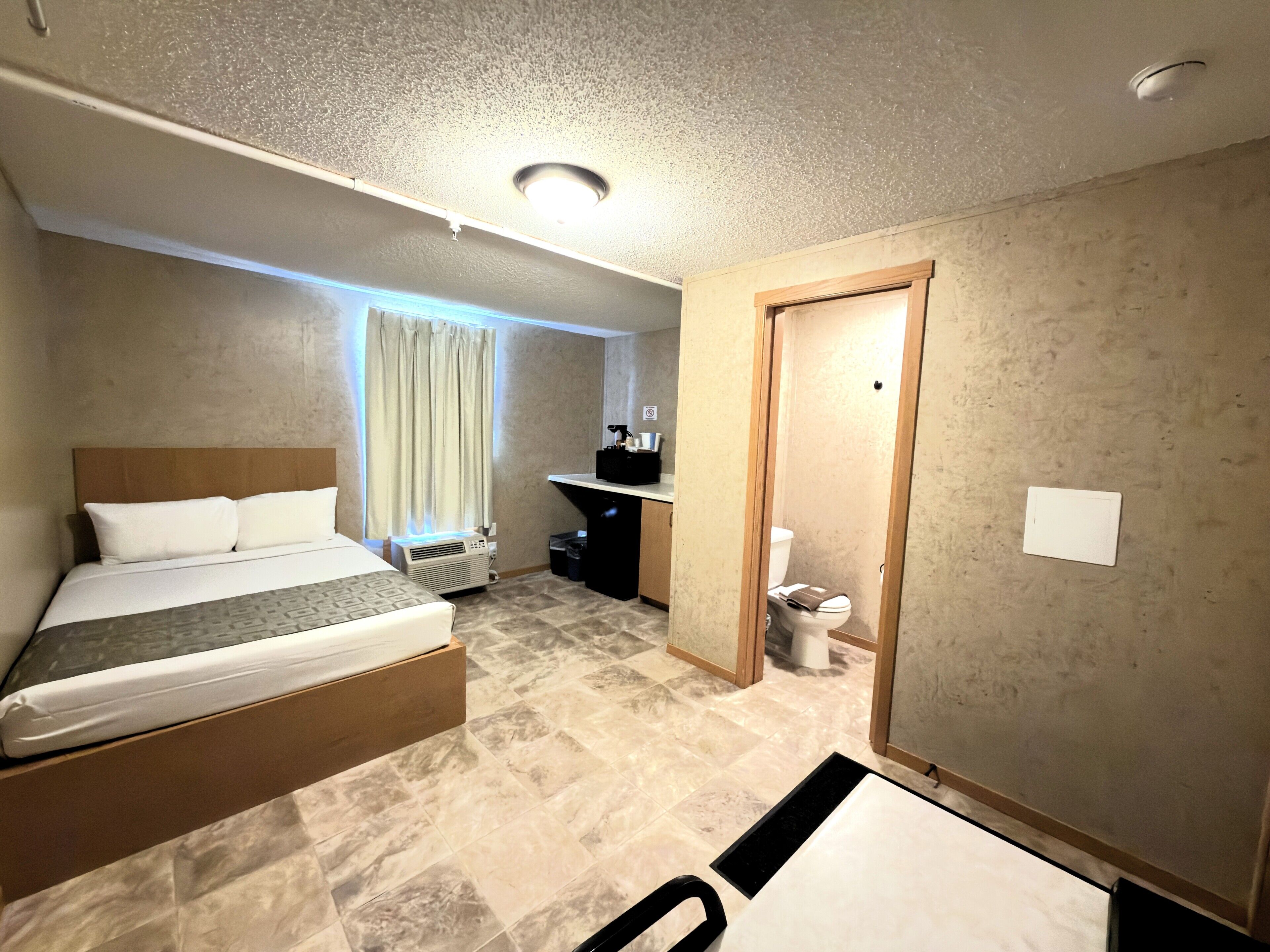 A hotel room with a bed, a desk, a chair, a toilet, and a shower area.