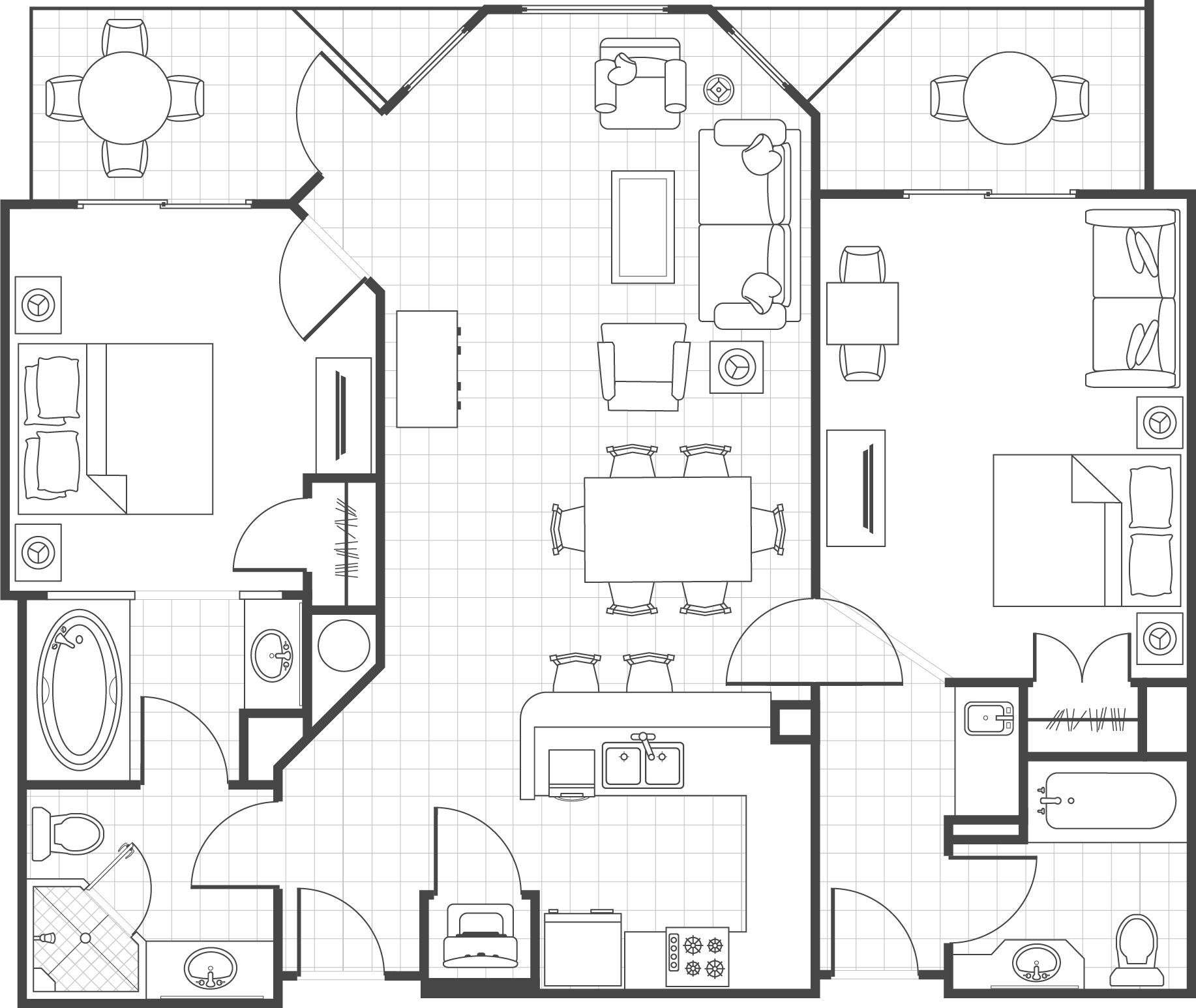 Plano de un hotel que muestra varias habitaciones, una cocina, un comedor y un baño.