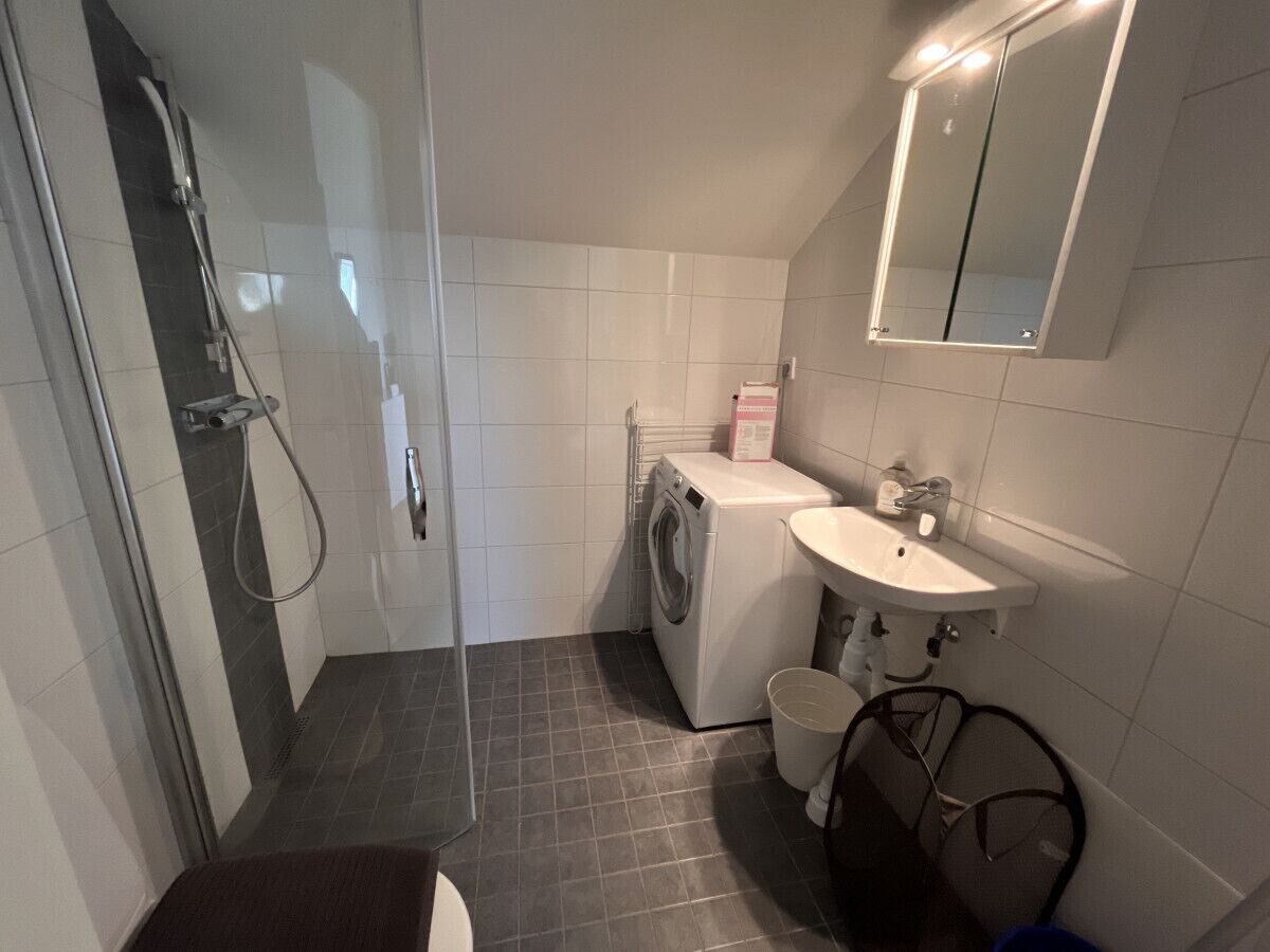 A compact bathroom with a glass shower enclosure, a washing machine, a sink, and a mirror.
