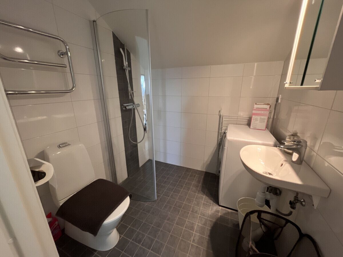 Ein Badezimmer mit Toilette, Dusche und Waschbecken.