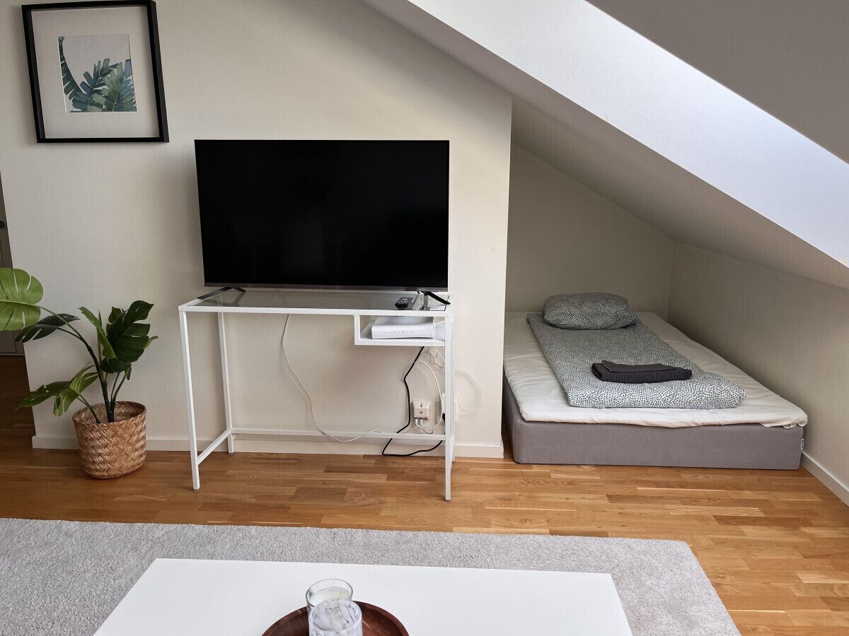Ett modernt sovrum i loftstil med en platt-TV på ett vitt skrivbord, en säng med en grå madrass och en krukväxt.