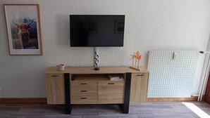 Huoneessa on seinälle asennettu televisio, puinen työpöytä laatikoineen, seinällä oleva kehystetty kuva ja patteri.