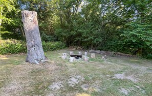 Um cenário natural ao ar livre com uma árvore grande, um braseiro rodeado por tocos de madeira e uma área gramada.