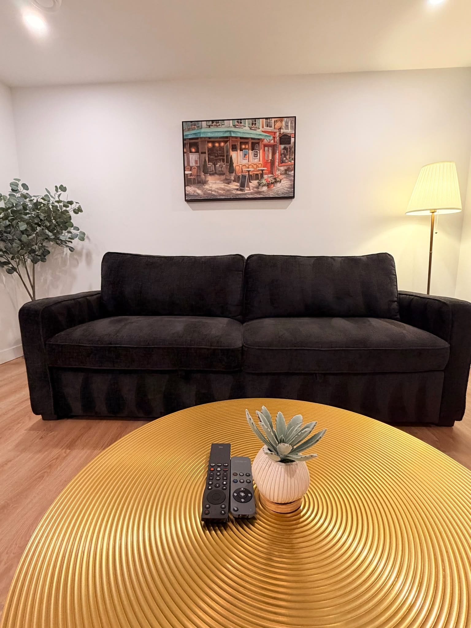 Ein Wohnzimmer mit einem schwarzen Sofa, einem runden Tisch mit Pflanze und Fernbedienungen, einem Bild an der Wand und einer Lampe.
