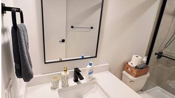 Shower, hair dryer, towels, soap