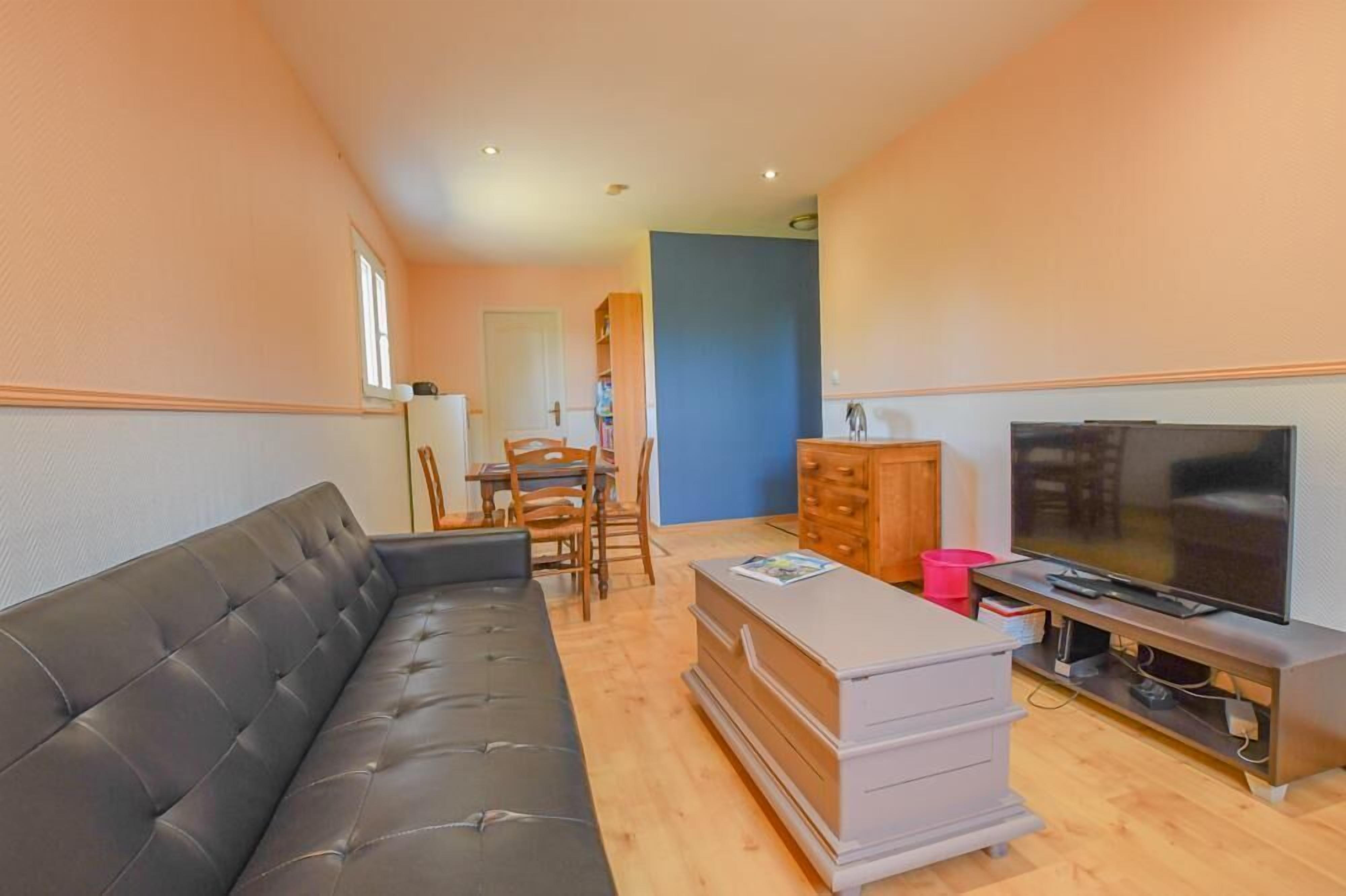 Ett kompakt bostadsutrymme med en soffa, en tv, en liten matplats och ett litet kök.