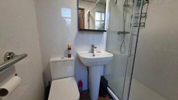 A bathroom with a toilet, sink, and shower.