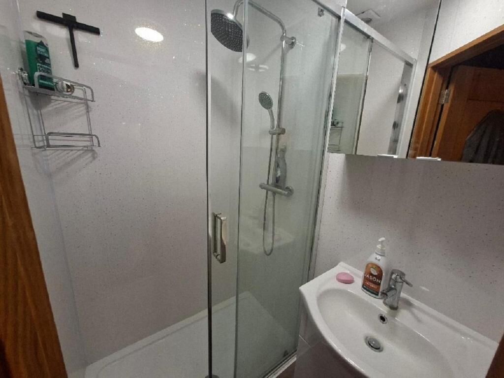 Eine begehbare Duschkabine mit Handbrause, ein Handspiegel und ein Seifenspender am Waschbecken.