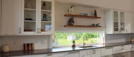 A modern kitchen with white cabinets, a large island, and a view of greenery outside.