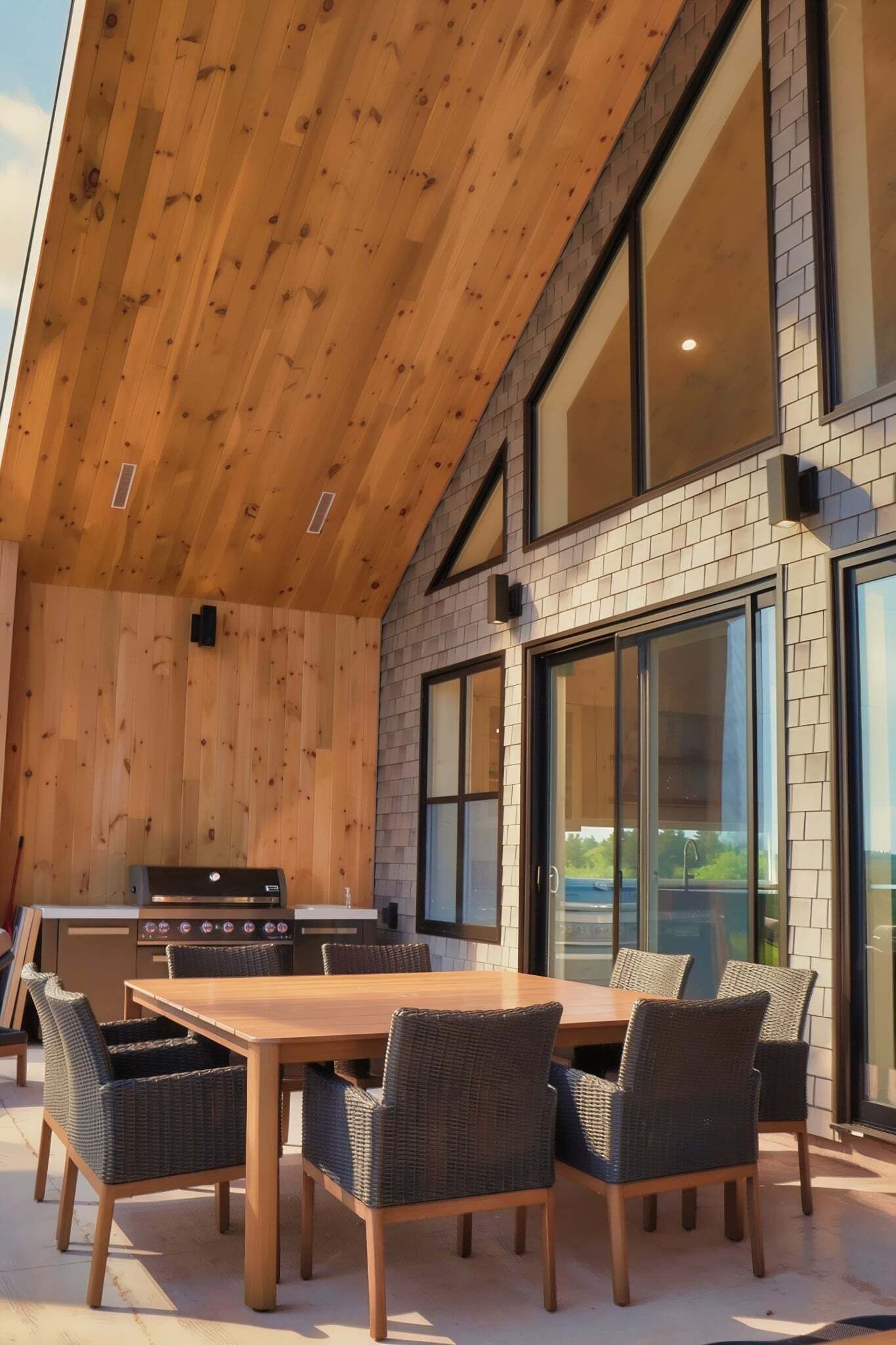 Un espace extérieur aménagé pour les repas, avec une table et des chaises en bois, un barbecue et de grandes fenêtres.