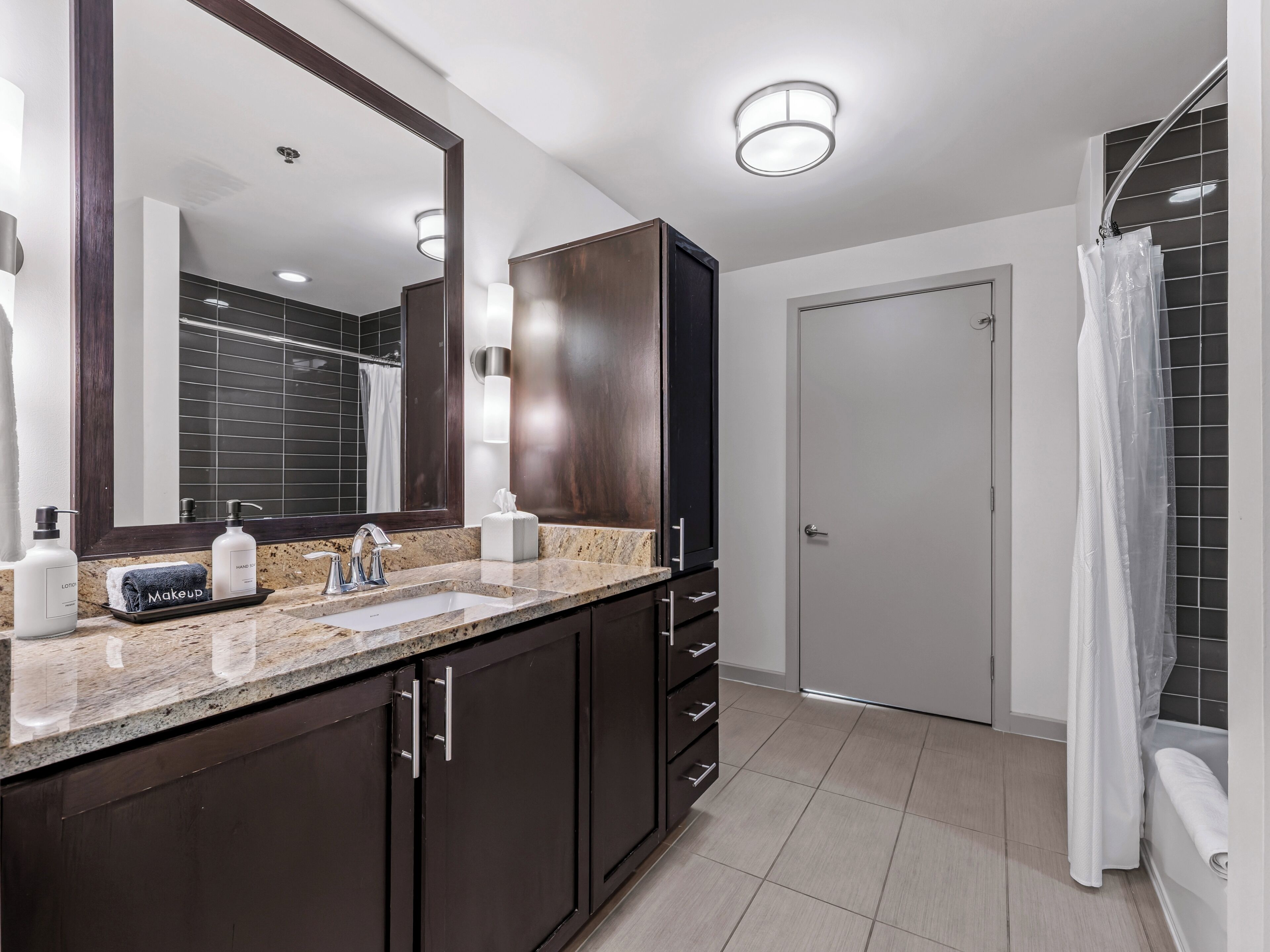 Hair dryer, towels, soap, shampoo