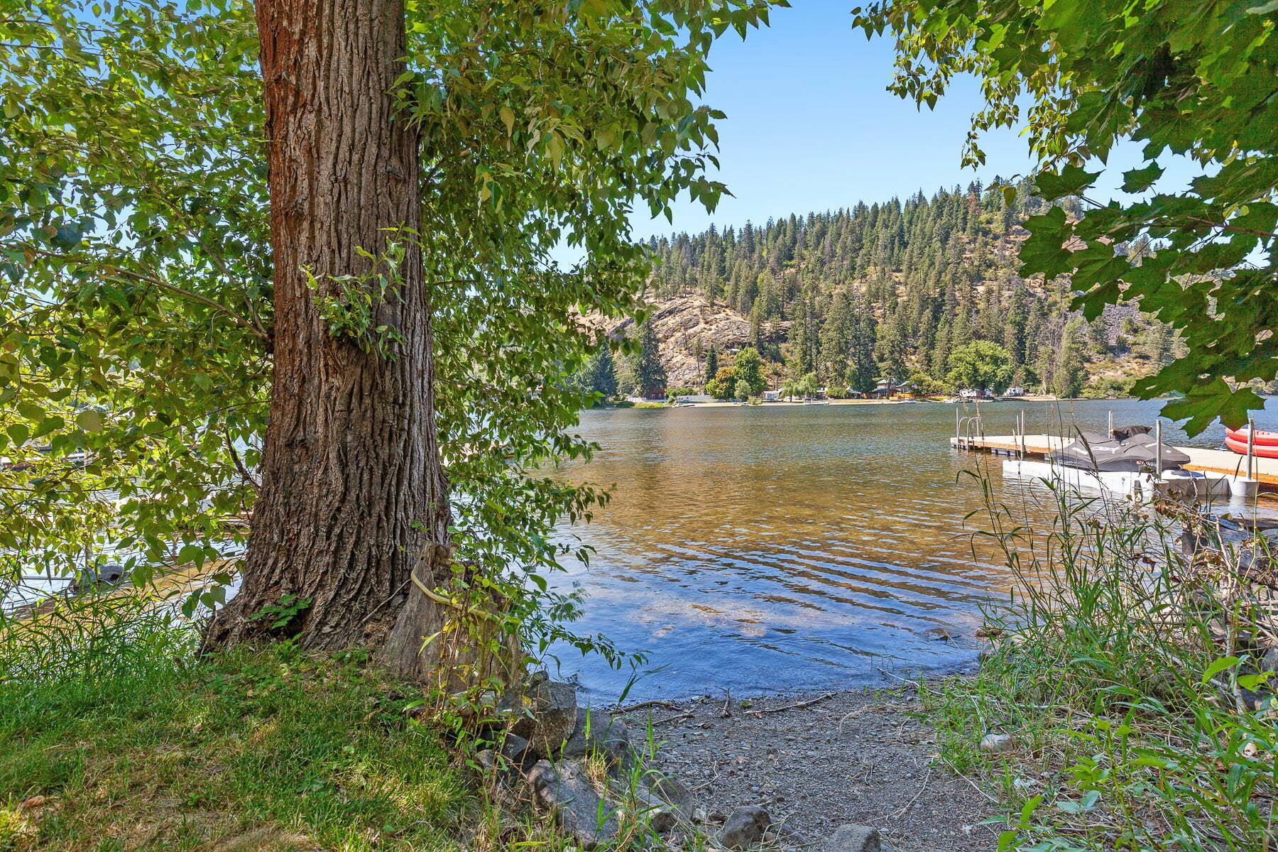 Un lago con un muelle, rodeado de árboles y una ladera boscosa.