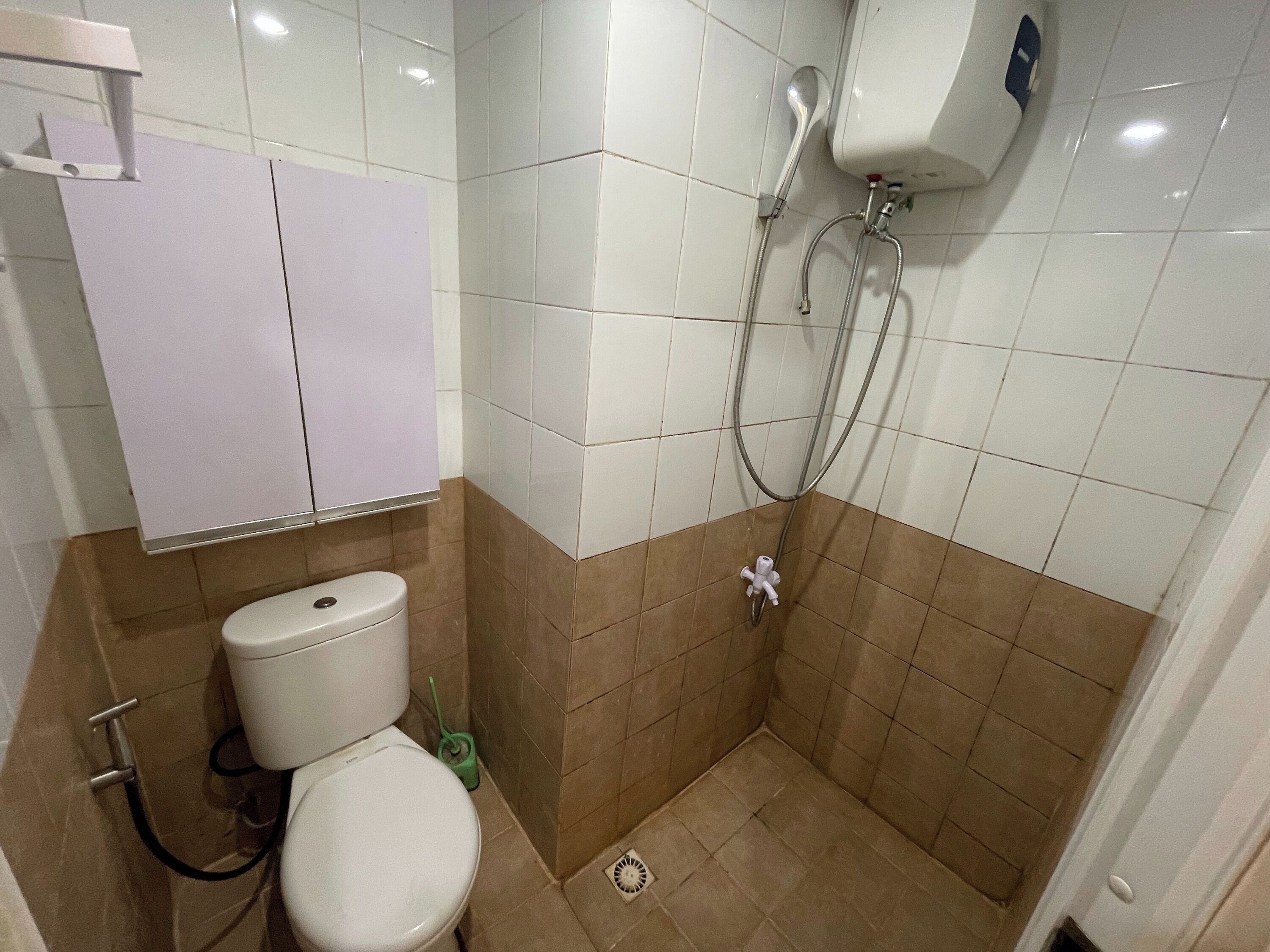 A small bathroom with a toilet, a shower, and a wall-mounted toilet paper holder.